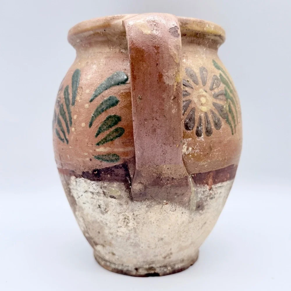 Southeastern PA Antique Folk Art Redware Pitcher Jar Hand Painted Floral Pottery